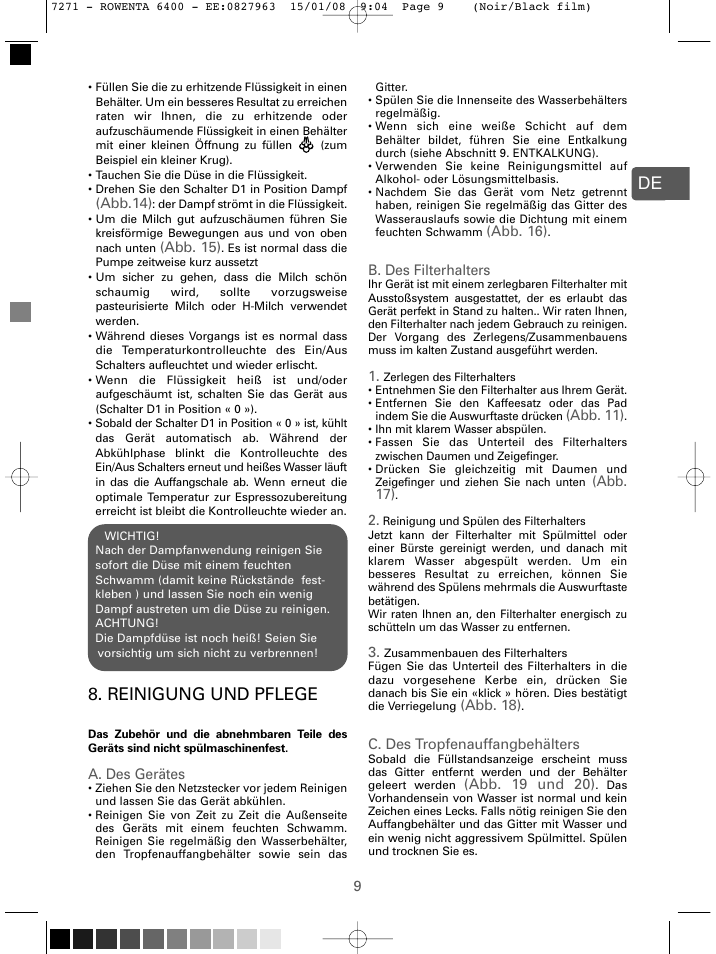Reinigung und pflege | ROWENTA ESPREMIO ES6400 User Manual | Page 5 / 96 |  Original mode