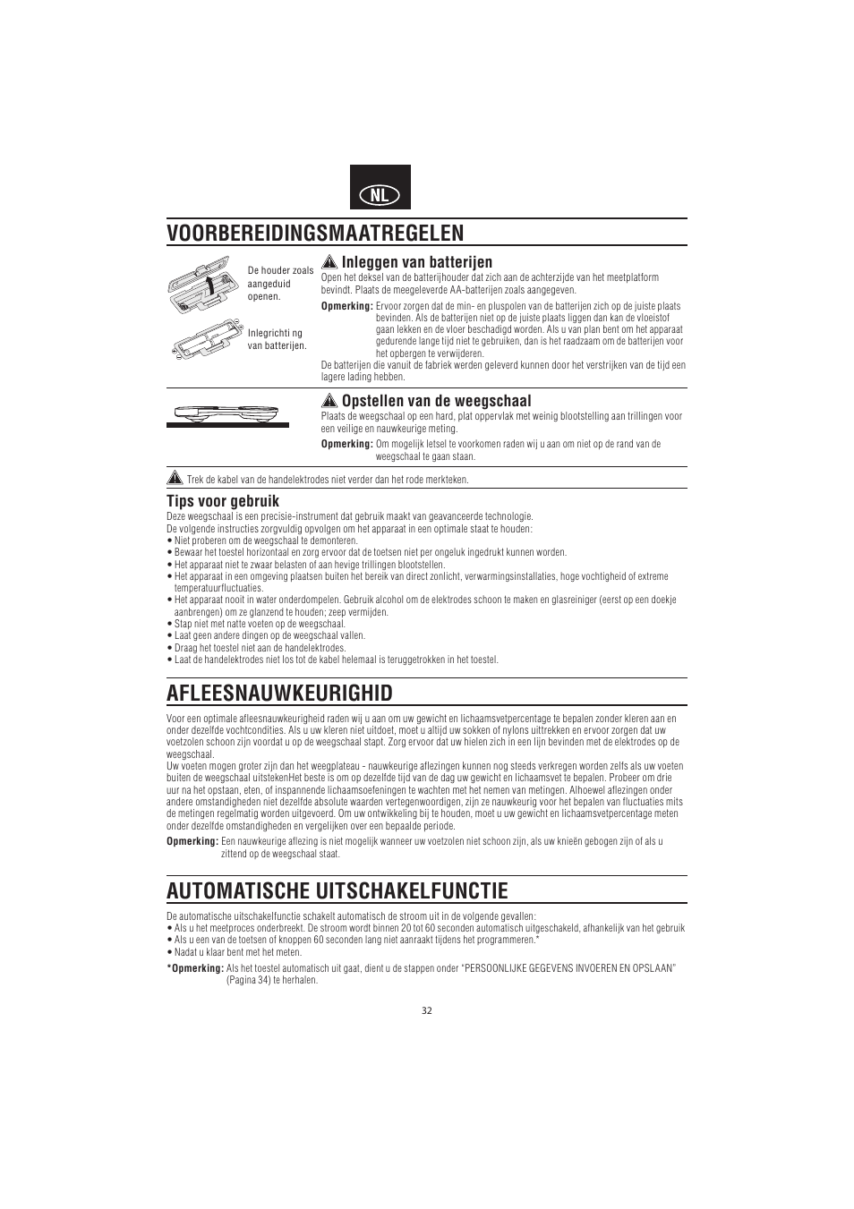 Tips voor gebruik, Inleggen van batterijen, Opstellen van de weegschaal |  Tanita BC-545N User Manual | Page 34 / 84 | Original mode