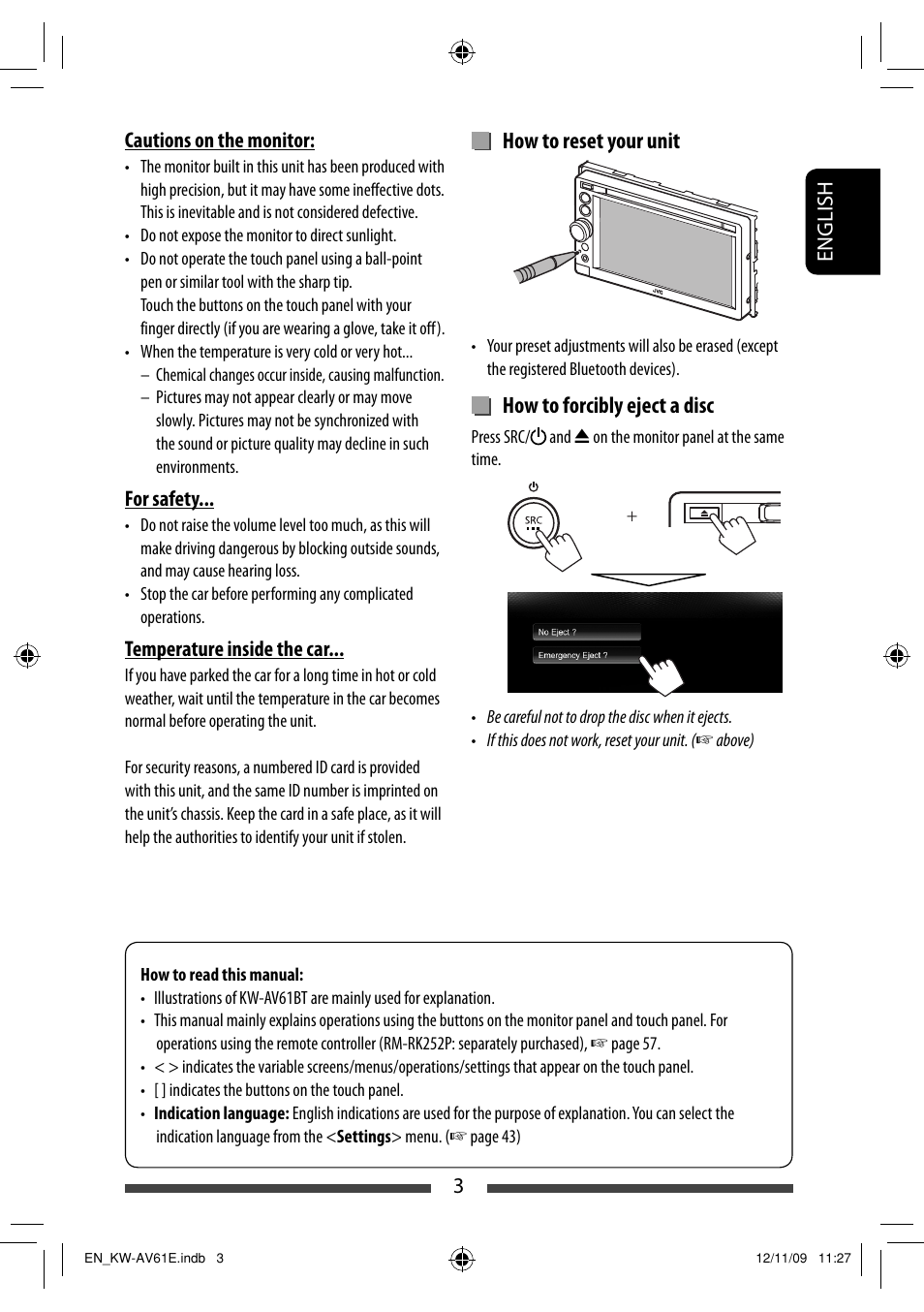 How to reset your unit, How to forcibly eject a disc | JVC KW-AV61BT User  Manual | Page 3 / 277 | Original mode