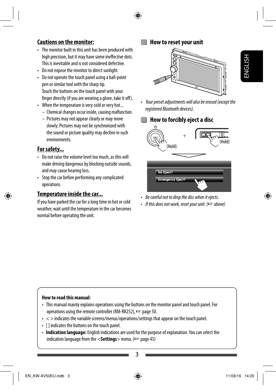 How to reset your unit, How to forcibly eject a disc | JVC KW-AV50 User  Manual | Page 3 / 183 | Original mode