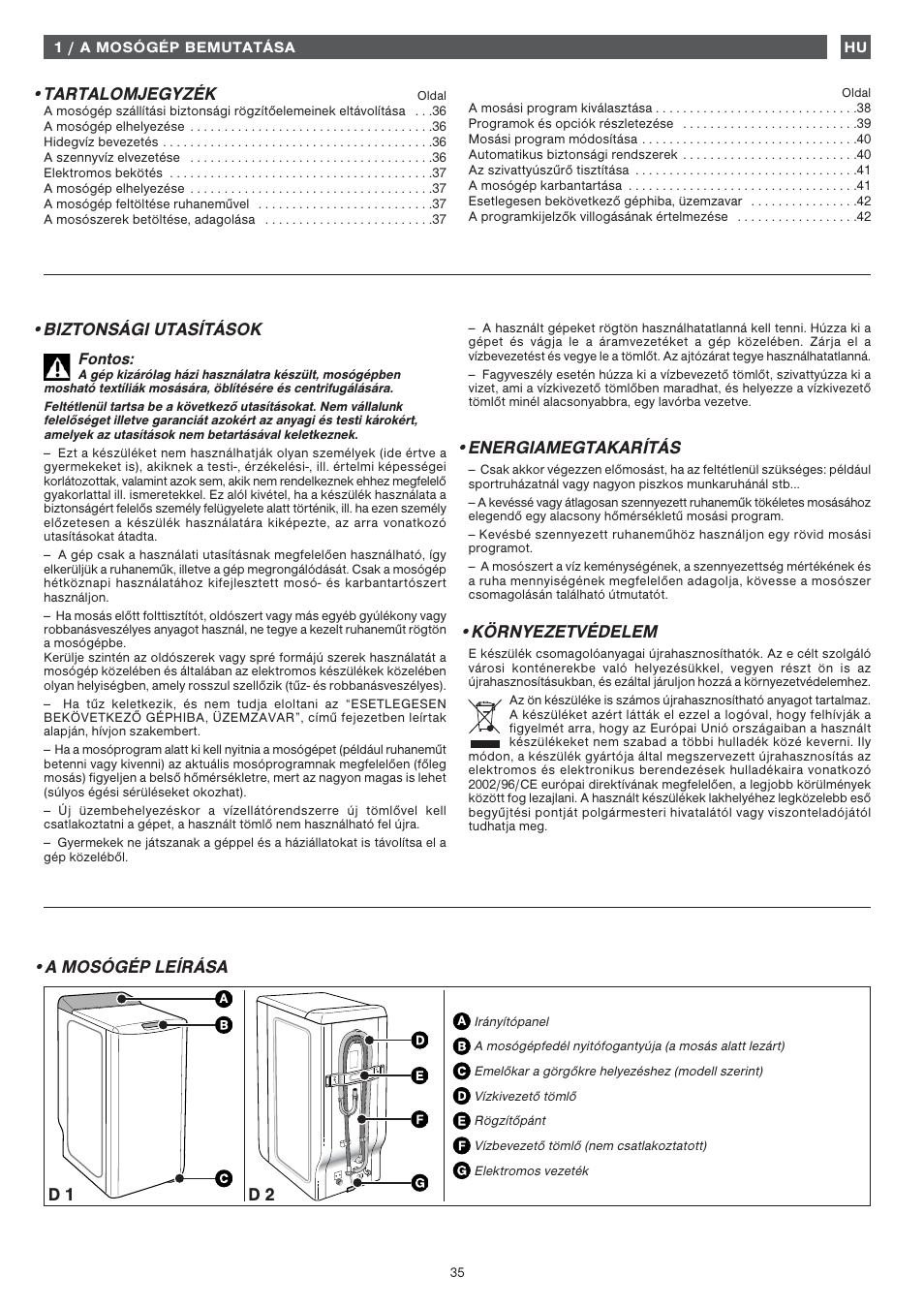 Tartalomjegyzék, A mosógép leírása d 1 d 2, Biztonsági utasítások | Fagor  1FET-107W User Manual | Page 35 / 44