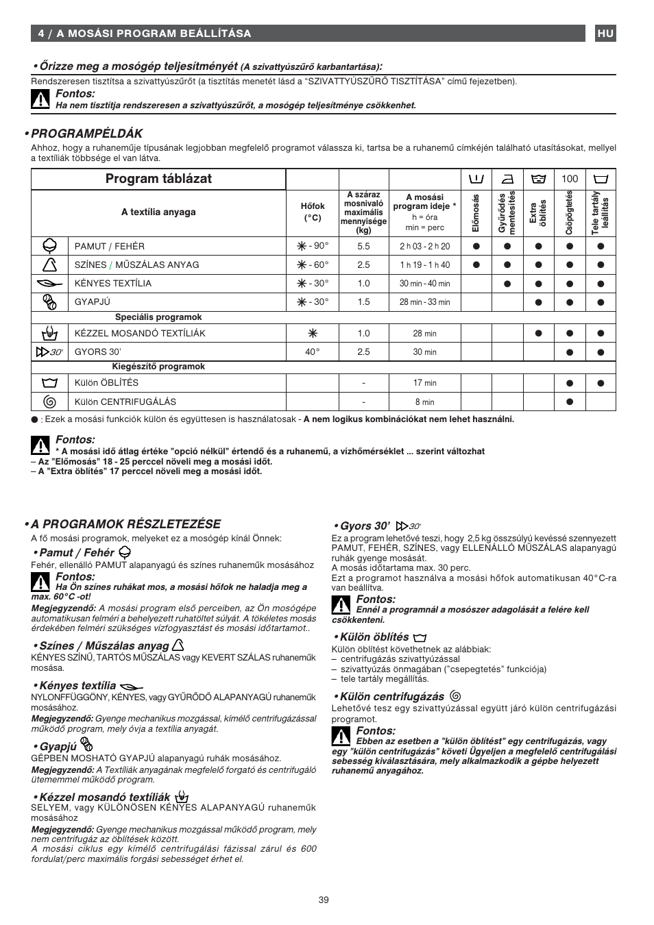 Program táblázat, Programpéldák •a programok részletezése, Őrizze meg a  mosógép teljesítményét | Fagor 1FET-107W User Manual | Page 39 / 44