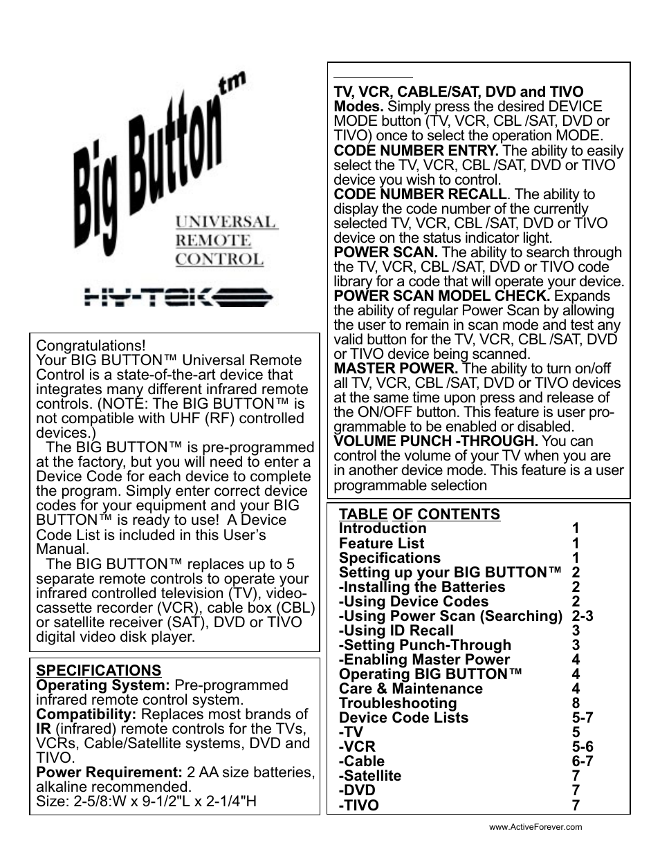 Activeforever HyTek Big Button TV Remote Control User Manual | 10 pages