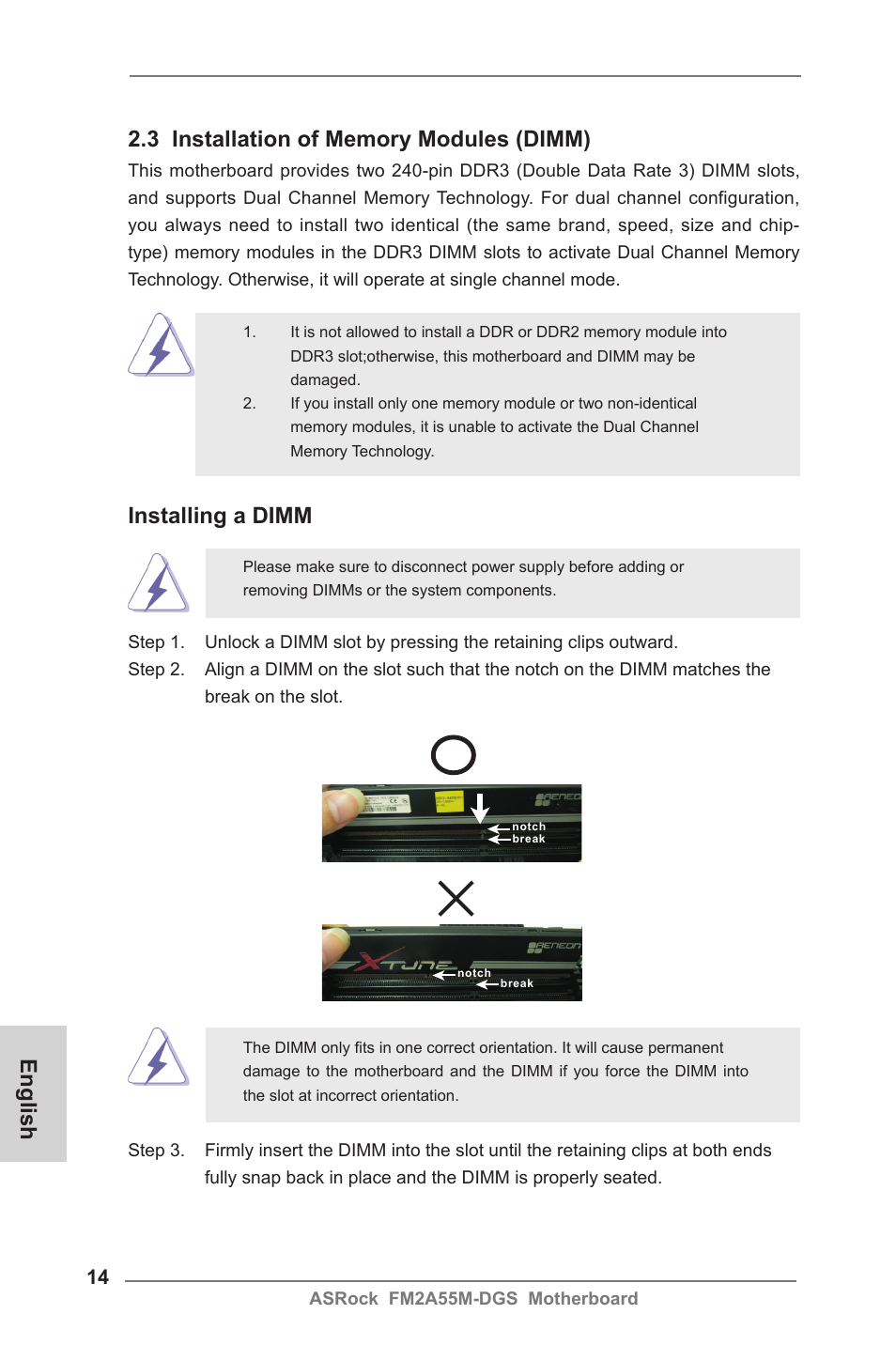 Installing a dimm | ASRock FM2A55M-DGS User Manual | Page 14 / 138