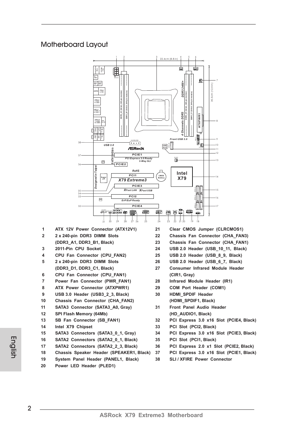 English motherboard layout, Asrock x79 extreme3 motherboard, Intel x79 | ASRock  X79 Extreme3 User Manual | Page 2 / 204 | Original mode