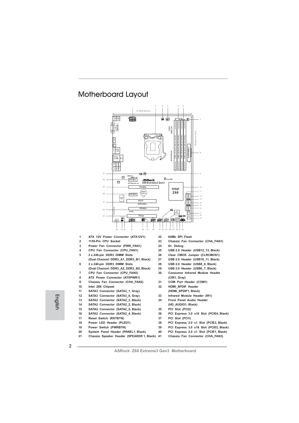 Motherboard layout, English, Pwrbtn rstbtn | ASRock Z68 Extreme3 Gen3 User  Manual | Page 2 / 217 | Original mode