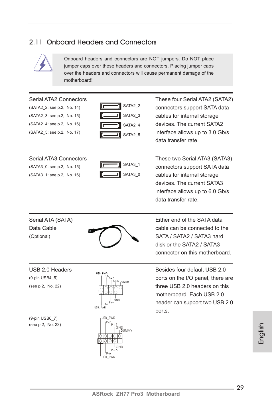 English 2.11 onboard headers and connectors | ASRock ZH77 Pro3 User Manual  | Page 29 / 102 | Original mode