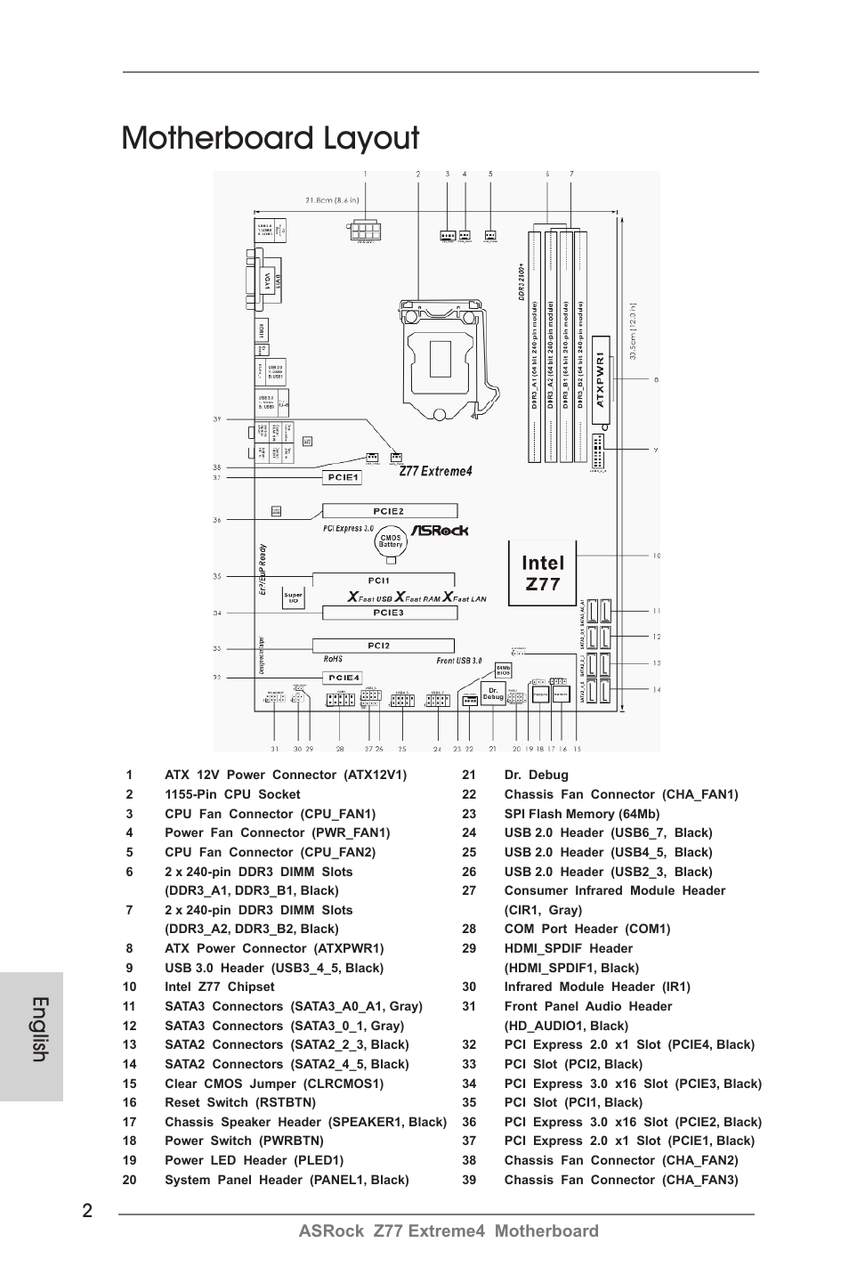 Motherboard layout, English, Asrock z77 extreme4 motherboard | ASRock Z77  Extreme4 User Manual | Page 2 / 221