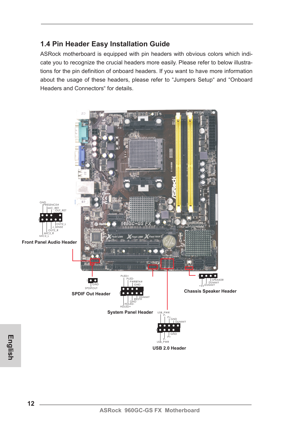 English 1.4 pin header easy installation guide, Asrock 960gc-gs fx  motherboard, Front panel audio header spdif out header | ASRock 960GC-GS FX  User Manual | Page 12 / 55