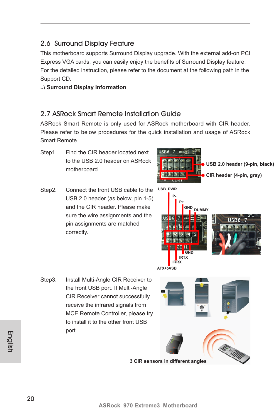 English, 7 asrock smart remote installation guide, 6 surround display  feature | ASRock 970 Extreme3 User Manual | Page 20 / 176 | Original mode