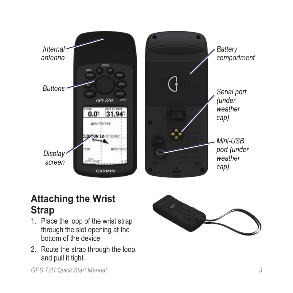 Attaching the wrist strap | Garmin GPS 72H User Manual | Page 3 / 12