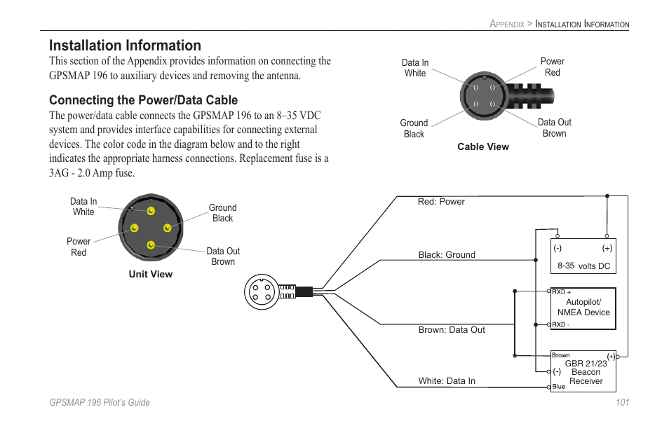 Installation information, Connecting the power/data cable | Garmin GPSMAP  196 User Manual | Page 109 / 132