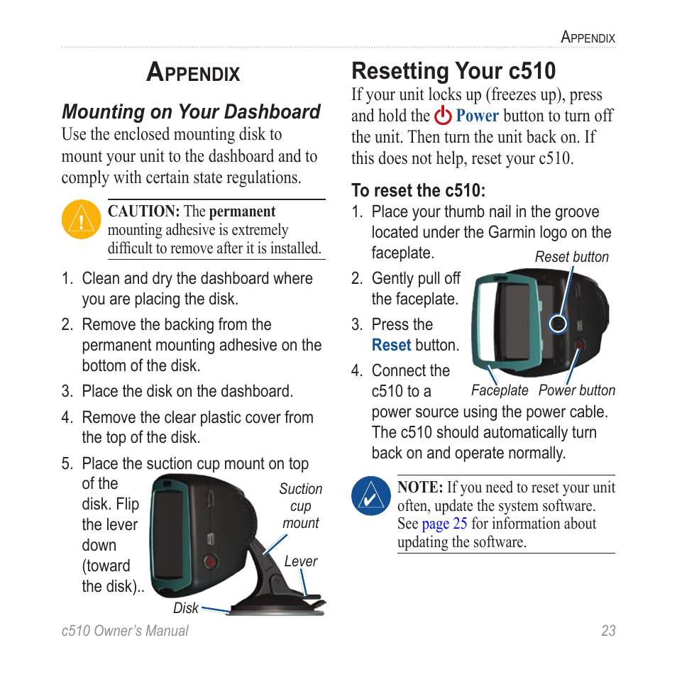 Appendix, Resetting your c510, Mounting on your dashboard | Garmin  StreetPilot c510 User Manual | Page 31 / 44 | Original mode