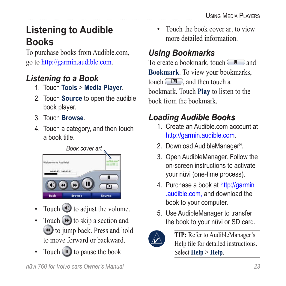 Listening to audible books, Listening to a book, Using bookmarks | Garmin  nuvi 760 for Volvo cars User Manual | Page 29 / 56