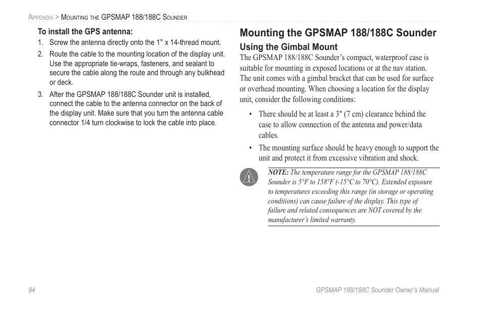 Mounting the gpsmap 188/188c sounder | Garmin GPSMAP 188C Sounder User  Manual | Page 100 / 126