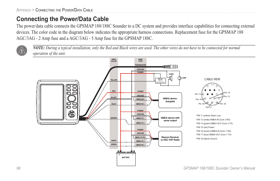 Connecting the power/data cable | Garmin GPSMAP 188C Sounder User Manual |  Page 104 / 126