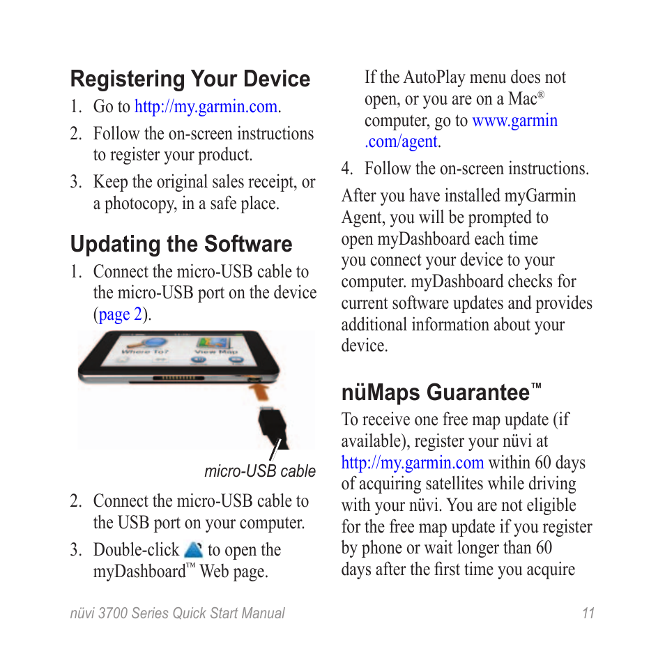 Registering your device, Updating the software, Nümaps guarantee | Garmin  nuvi 3790T User Manual | Page 11 / 12 | Original mode
