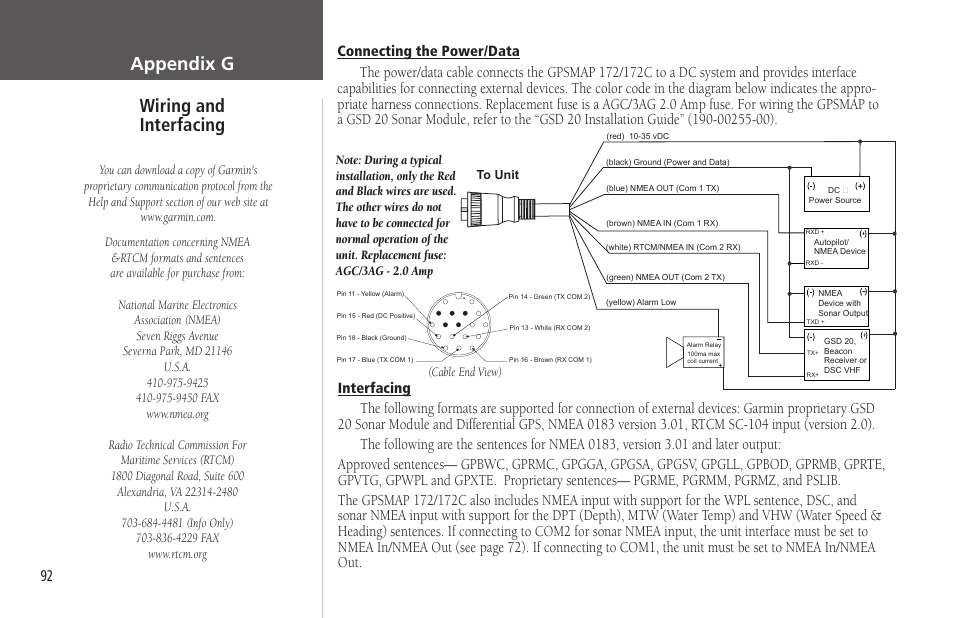 Appendix g wiring interfacing, the power/data, Interfacing | Garmin GPSMAP 172C User | Page 102 / 110