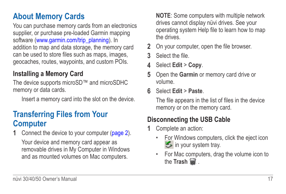 About memory cards, Transferring files from your computer | Garmin nuvi 50LM  User Manual | Page 21 / 32