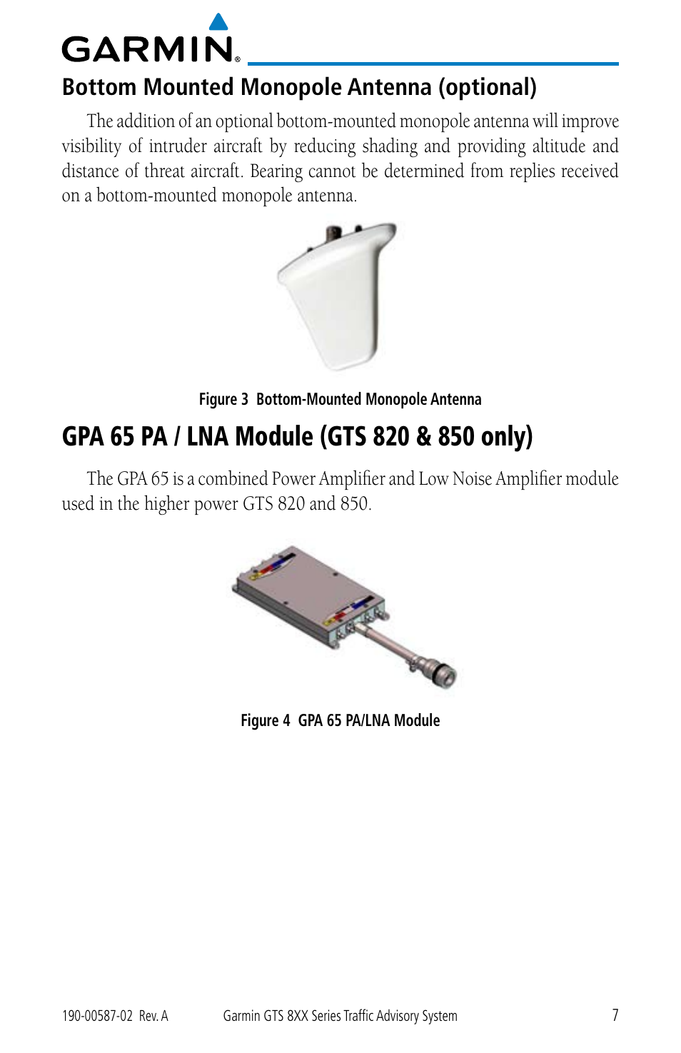 Bottom mounted monopole antenna (optional), Gpa 65 pa / lna module (gts 820  & 850 only) | Garmin GTS 855 User Manual | Page 11 / 26