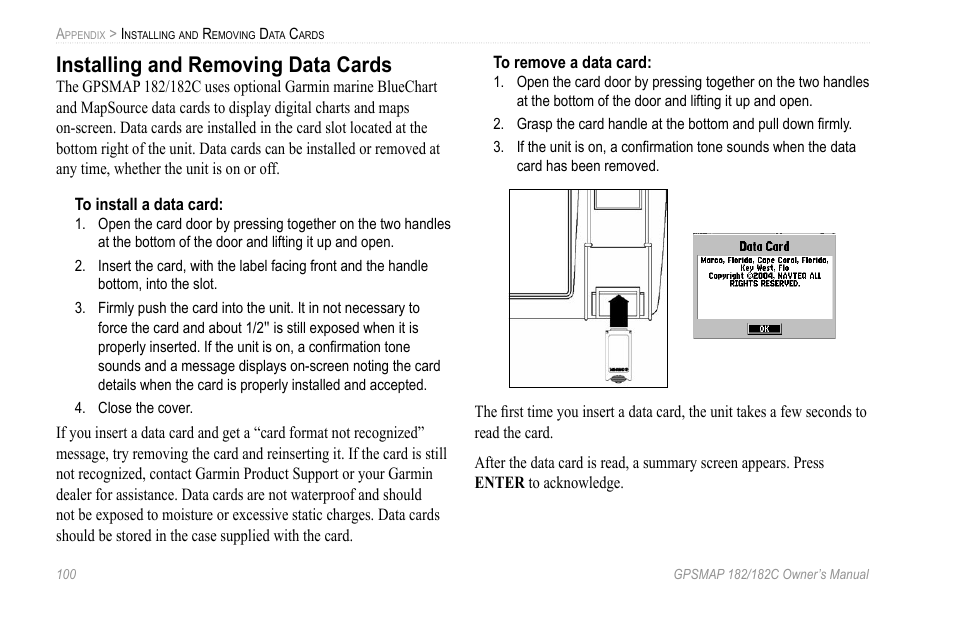 Installing and removing data cards | Garmin GPSMAP 182C User Manual | Page  106 / 126