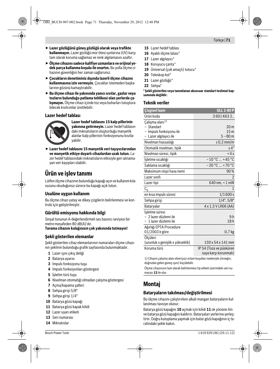 Ürün ve işlev tanımı, Montaj | Bosch GLL 2-80 P Professional User Manual |  Page 71 / 193 | Original mode