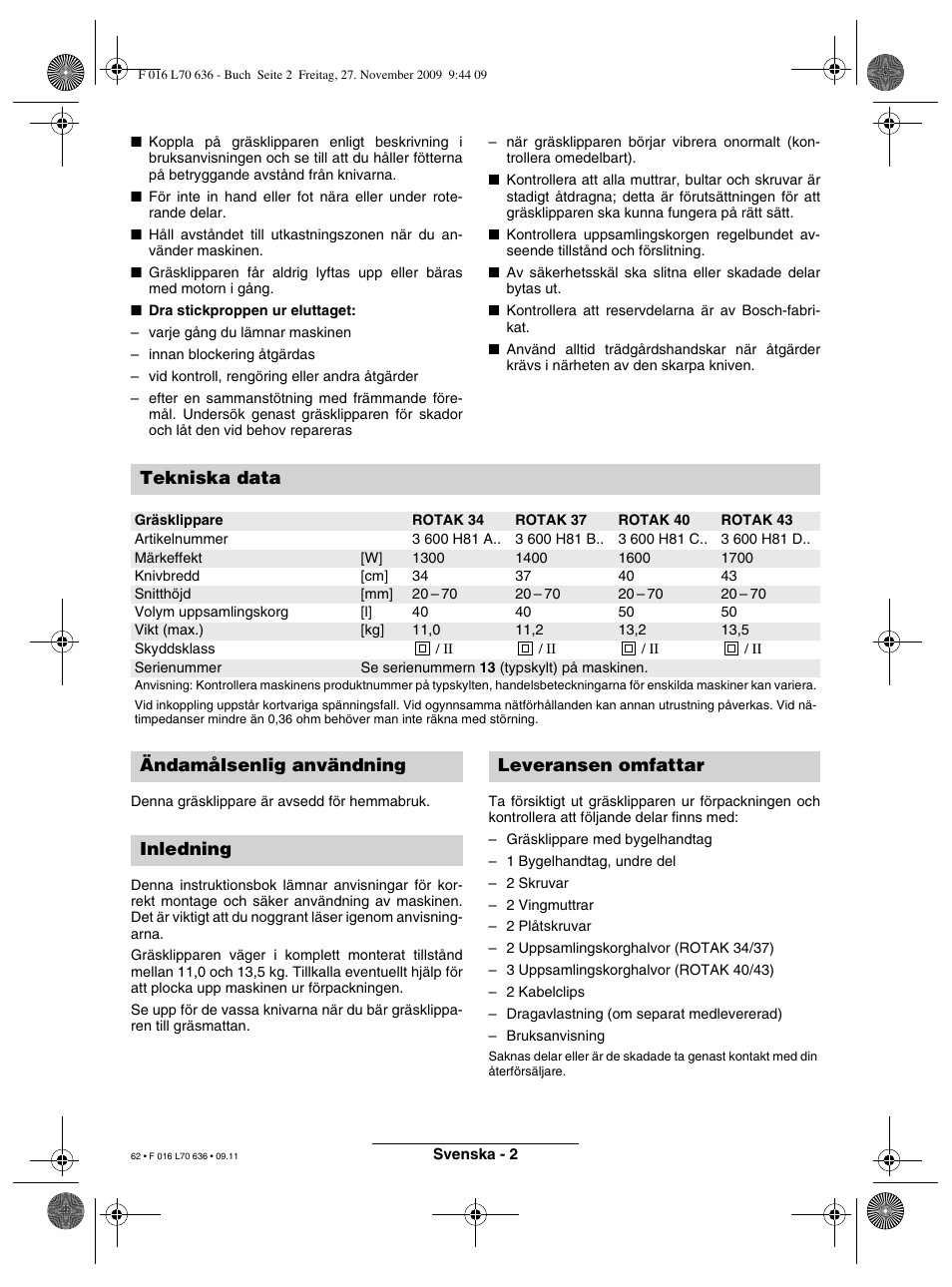 Tekniska data | Bosch ROTAK 34 User Manual | Page 62 / 195