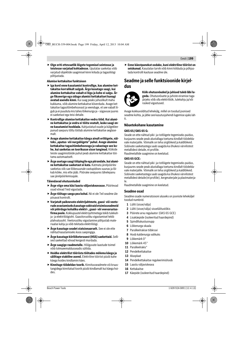 Seadme ja selle funktsioonide kirjel- dus | Bosch GKS 65 G Professional  User Manual | Page 199 / 235