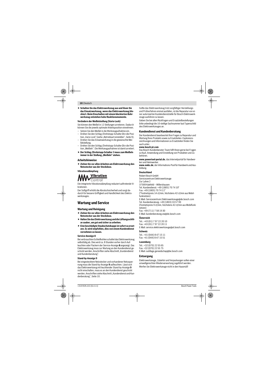 Wartung und service | Bosch GBH 5-40 DCE Professional User Manual | Page 10  / 148 | Original mode