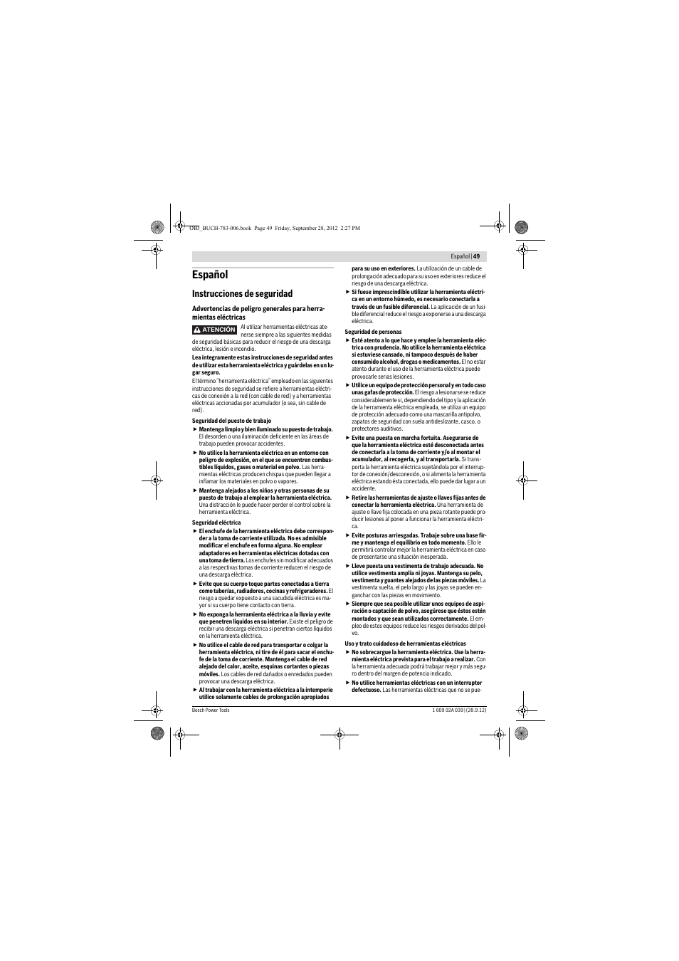 Español, Instrucciones de seguridad | Bosch PTS 10 User Manual | Page 49 /  309 | Original mode