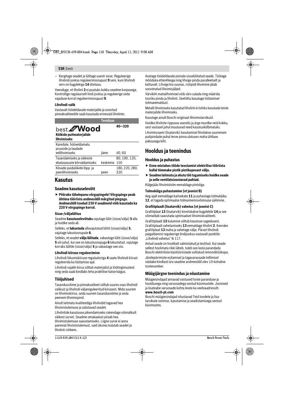 Kasutus, Hooldus ja teenindus | Bosch GBS 75 AE Set Professional User  Manual | Page 118 / 139 | Original mode