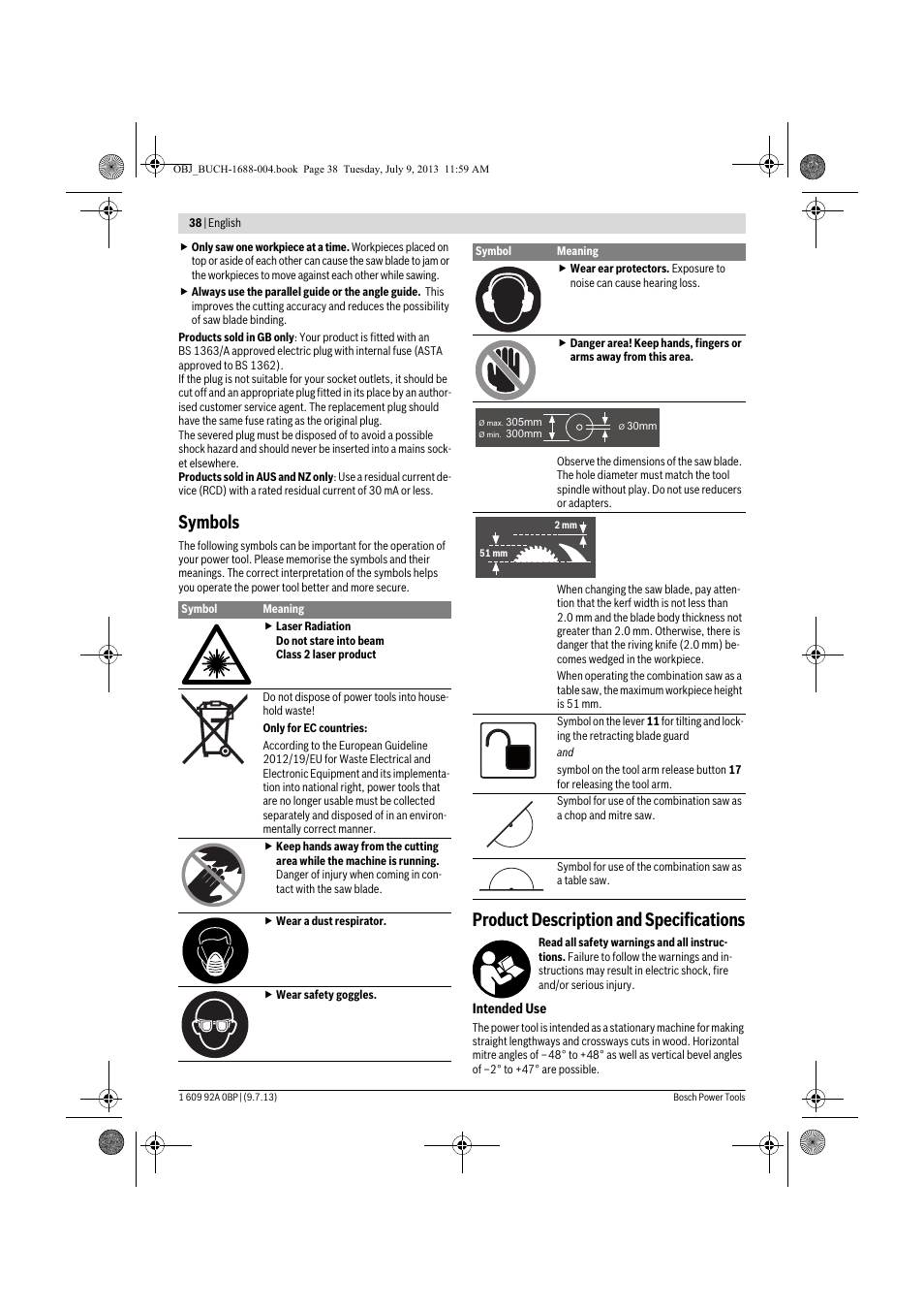 Symbols, Product description and specifications | Bosch GTM 12 JL  Professional User Manual | Page 38 / 485 | Original mode