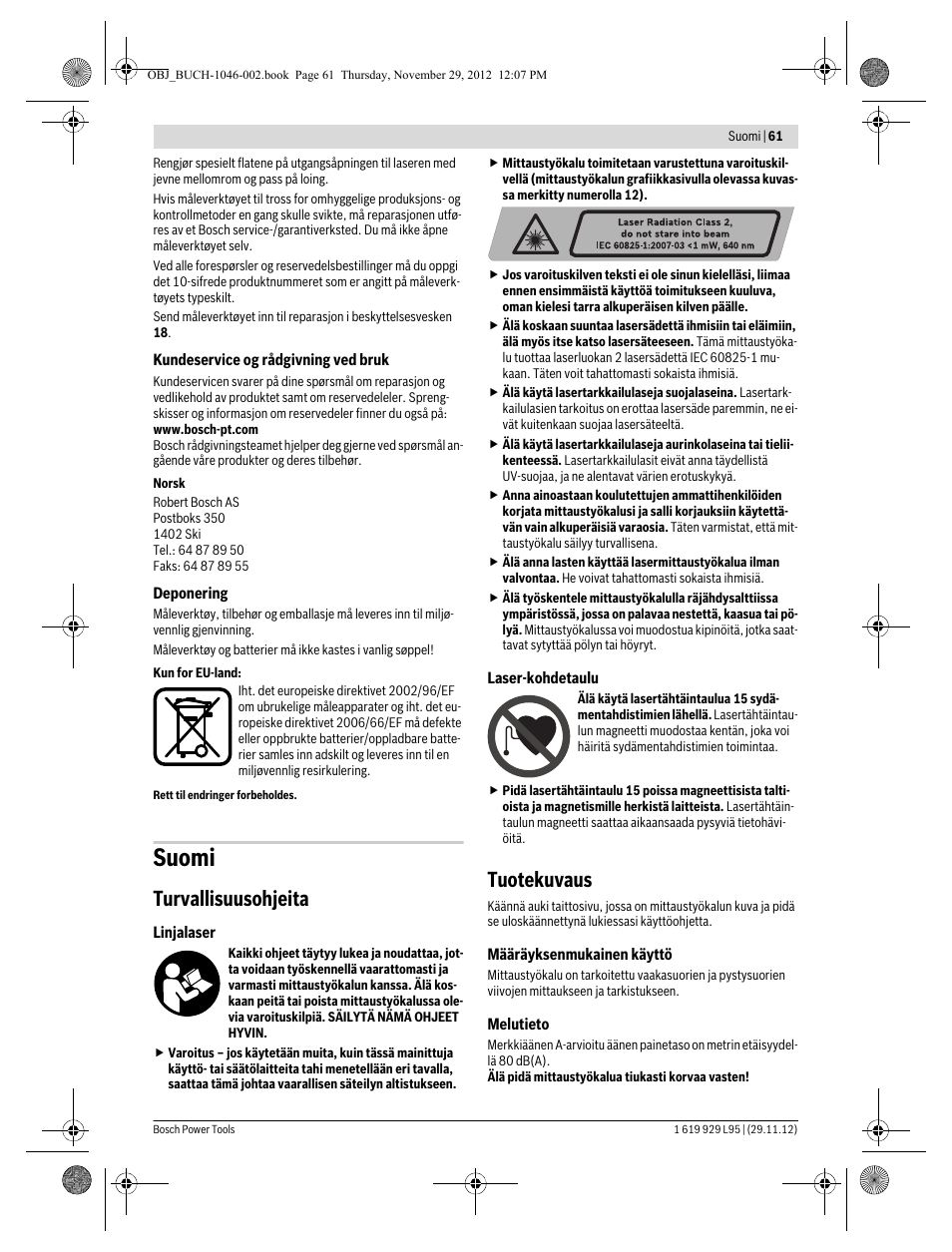Suomi, Turvallisuusohjeita, Tuotekuvaus | Bosch GLL 3-80 P Professional  User Manual | Page 61 / 196