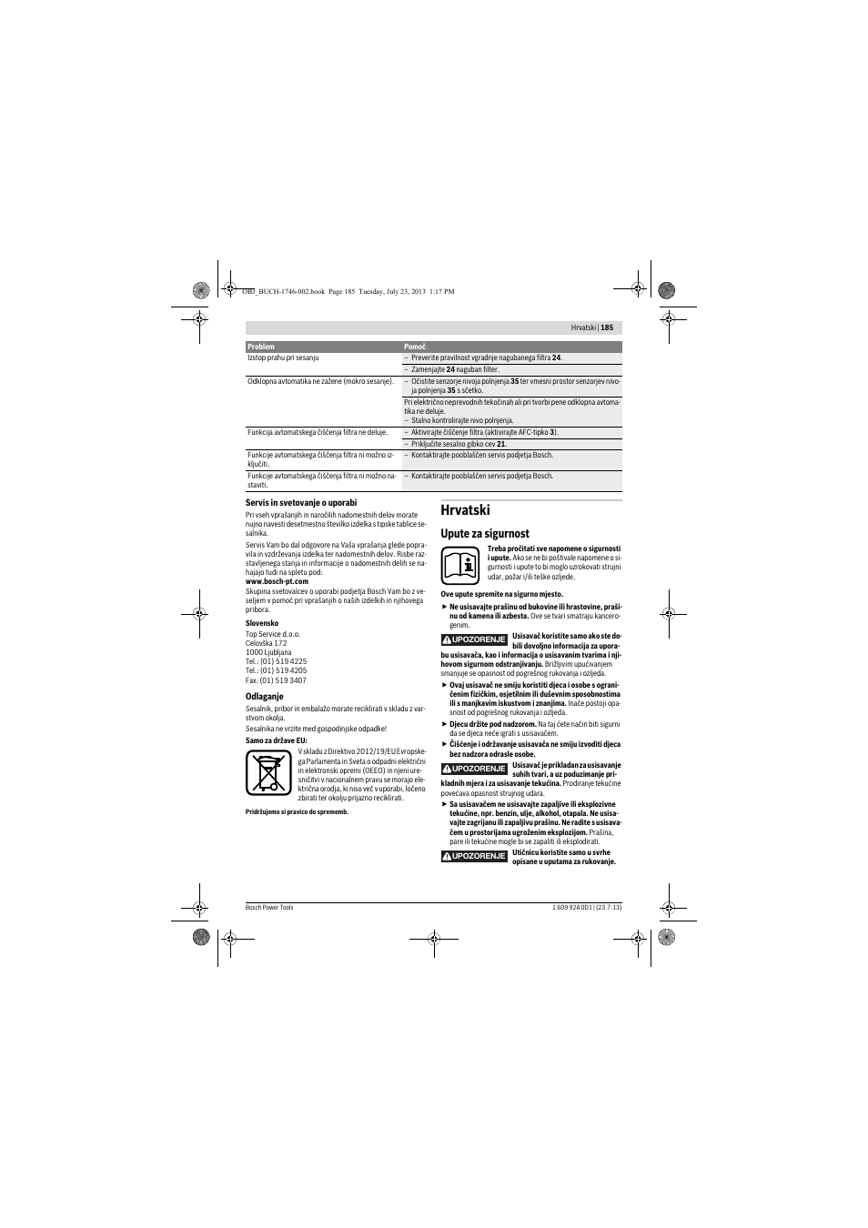 Hrvatski, Upute za sigurnost | Bosch GAS 35 L AFC Professional User Manual  | Page 185 / 229 | Original mode