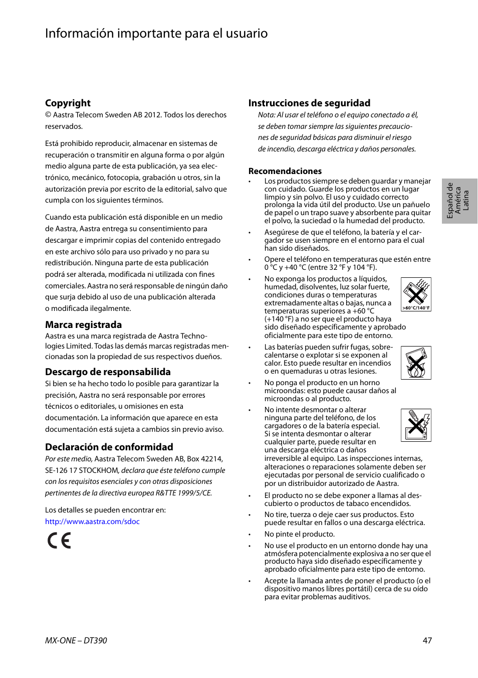 Español de américa latina, Información importante para el usuario,  Copyright | AASTRA DT390 for MX-ONE Quick Reference Guide User Manual |  Page 47 / 148 | Original mode