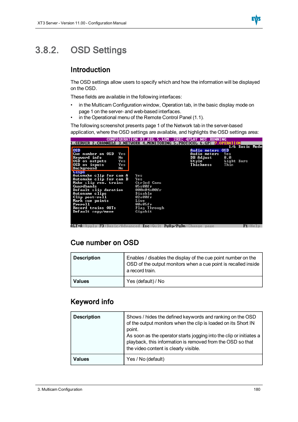 Osd settings, Introduction, Cue number on osd | EVS XT3 Version 11.00  Configuration Manual User Manual | Page 186 / 227 | Original mode
