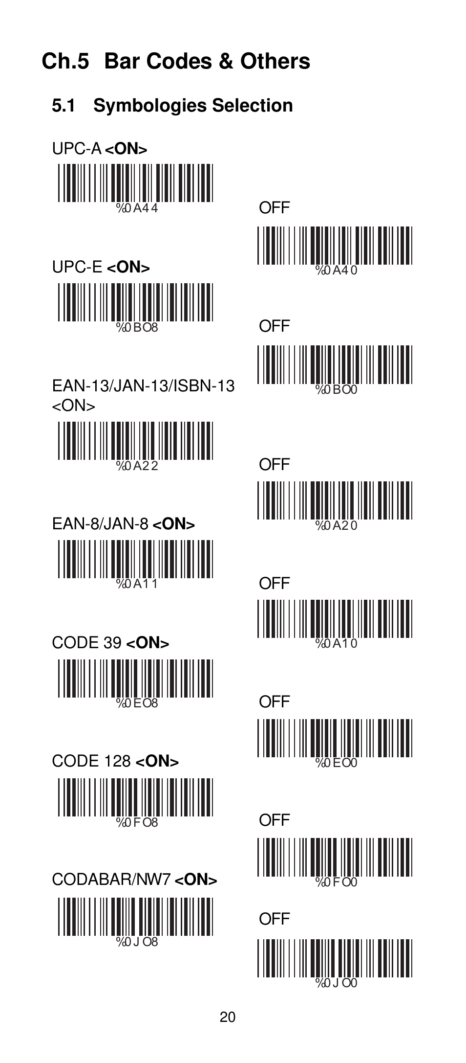 Ch.5 bar codes & others, 1 symbologies selection | Manhattan 401517 Contact  CCD Barcode Scanner - Programming Manual User Manual | Page 23 / 80 |  Original mode