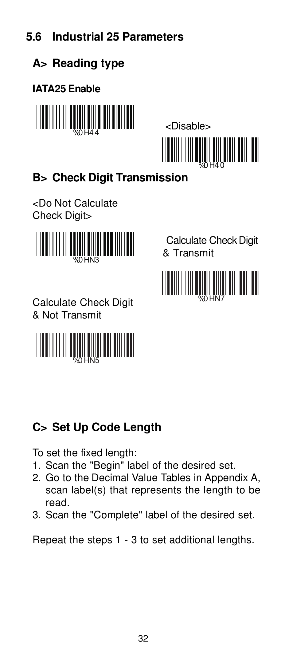 6 industrial 25 parameters a> reading type, B> check digit transmission, C> set  up code length | Manhattan 401517 Contact CCD Barcode Scanner - Programming  Manual User Manual | Page 35 / 80 | Original mode