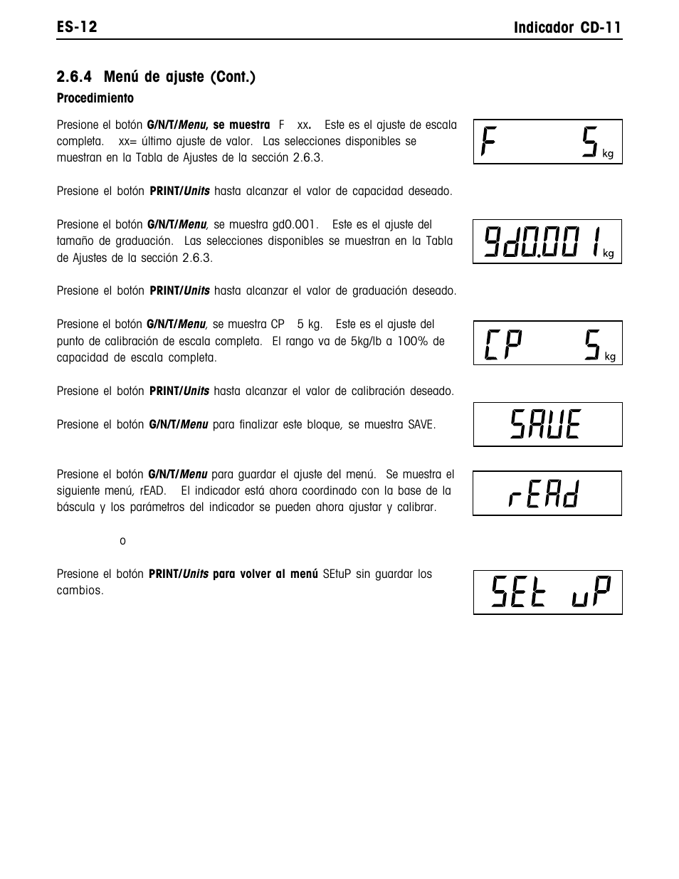 Es-12 indicador cd-11, 4 menú de ajuste (cont.) | Ohaus CD-11 Indicator  Manual multi User Manual | Page 56 / 120 | Original mode