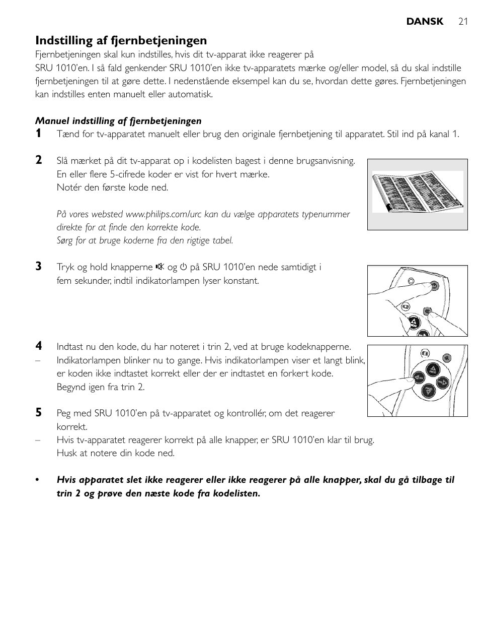 Indstilling af fjernbetjeningen | Philips SRU1010 User Manual | Page 20 / 73