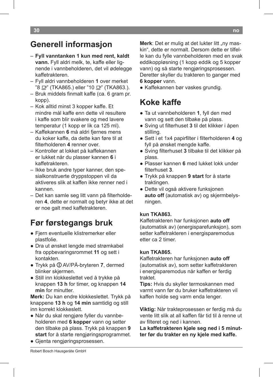 Koke kaffe, Generell informasjon, Før førstegangs bruk | Bosch TKA8633 User  Manual | Page 34 / 96 | Original mode