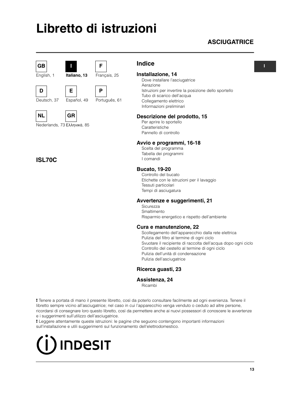 Libretto di istruzioni, Indice asciugatrice isl70c | Indesit ISL 70 C User  Manual | Page 13 / 96 | Original mode