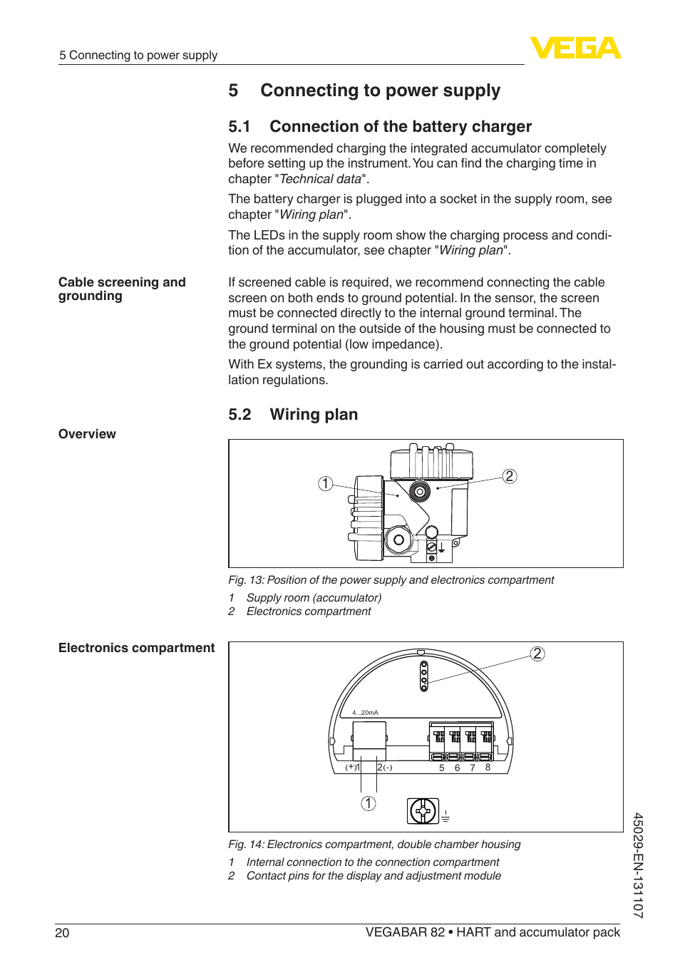 5 connecting to power supply, 1 connection of the battery charger, 2 wiring  plan | VEGA VEGABAR 82 HART and accumulator pack - Operating Instructions  User Manual | Page 20 / 72 | Original mode