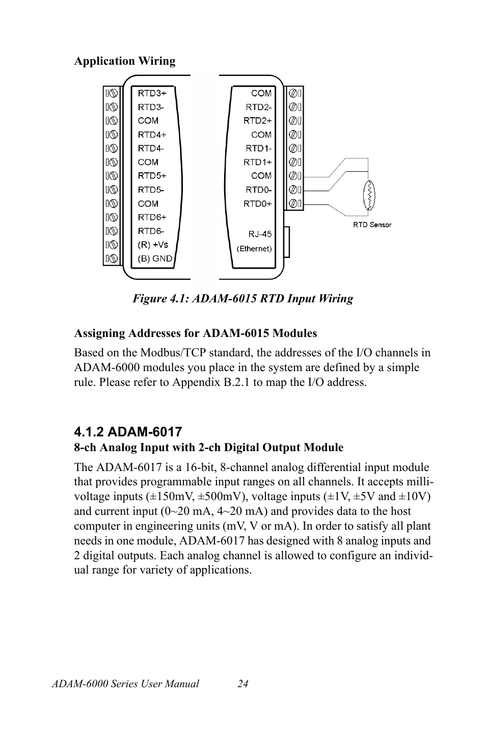 Figure 4.1: adam-6015 rtd input wiring, 2 adam-6017, Figure 4.1:adam-6015  rtd input wiring | B&B Electronics ADAM-6066 - Manual User Manual | Page 34  / 272