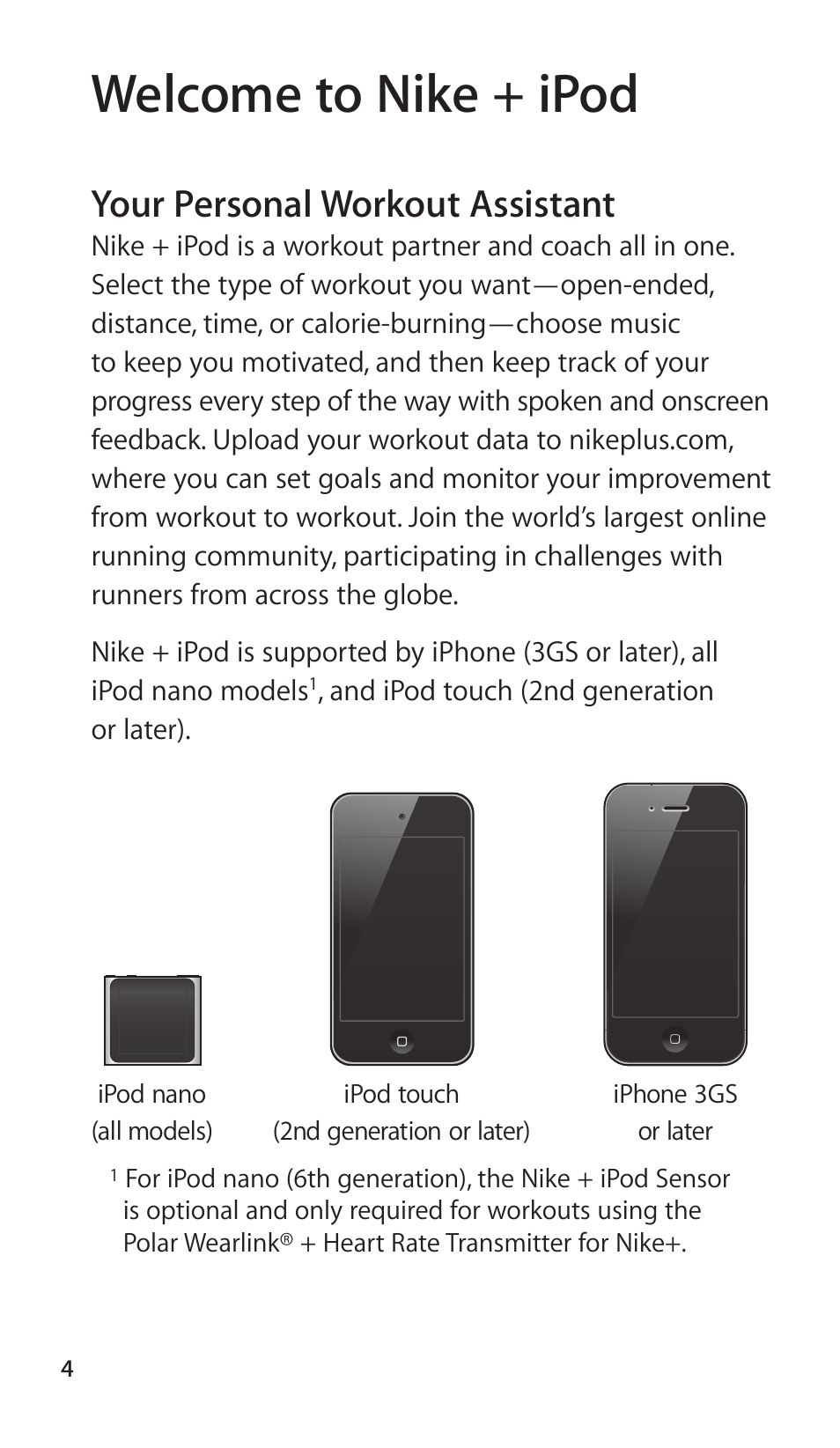 Welcome to nike + ipod, Your personal workout assistant | Apple Nike + iPod  Sensor User Manual | Page 4 / 144