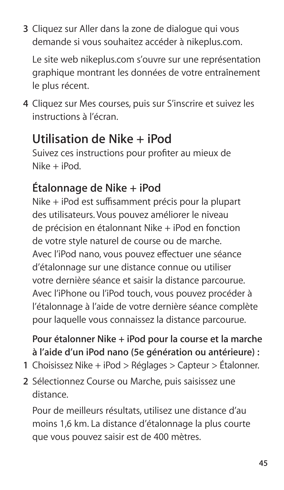 Utilisation de nike + ipod, Étalonnage de nike + ipod, 45 utilisation de  nike + ipod 45 | Apple Nike + iPod Sensor User Manual | Page 45 / 144