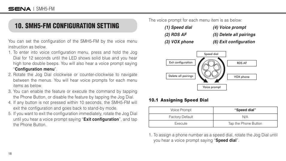Smh5-fm configuration setting, 1 assigning speed dial | Sena Bluetooth  SMH5-FM v1.3 User's Guide User Manual | Page 17 / 37