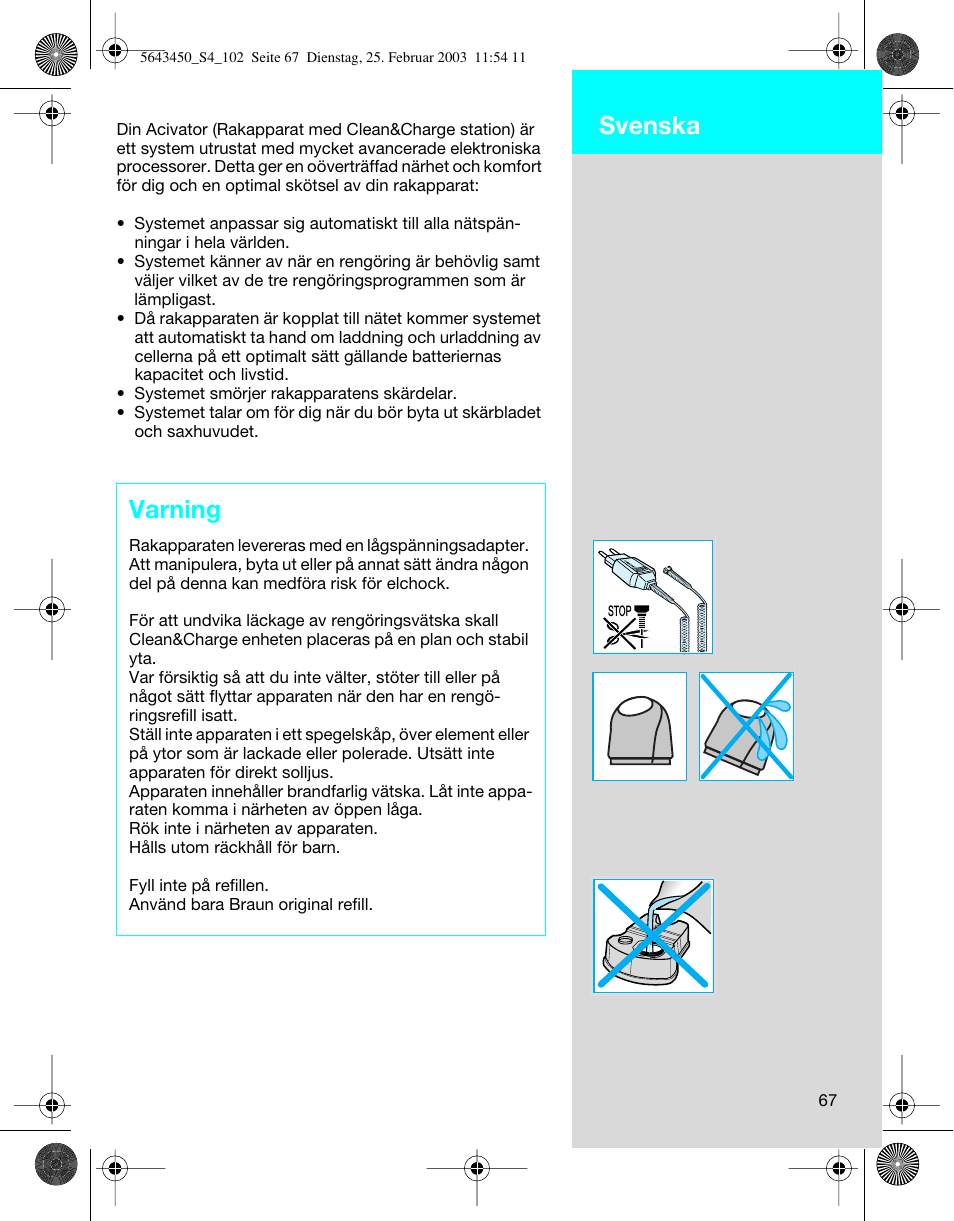 Svenska, Varning | Braun Clean & Charge (Activator) User Manual | Page 67 /  99 | Original mode