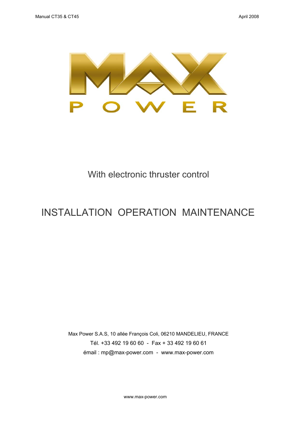 MAX Power CT45 Electric Tunnel Thruster User Manual | 19 pages