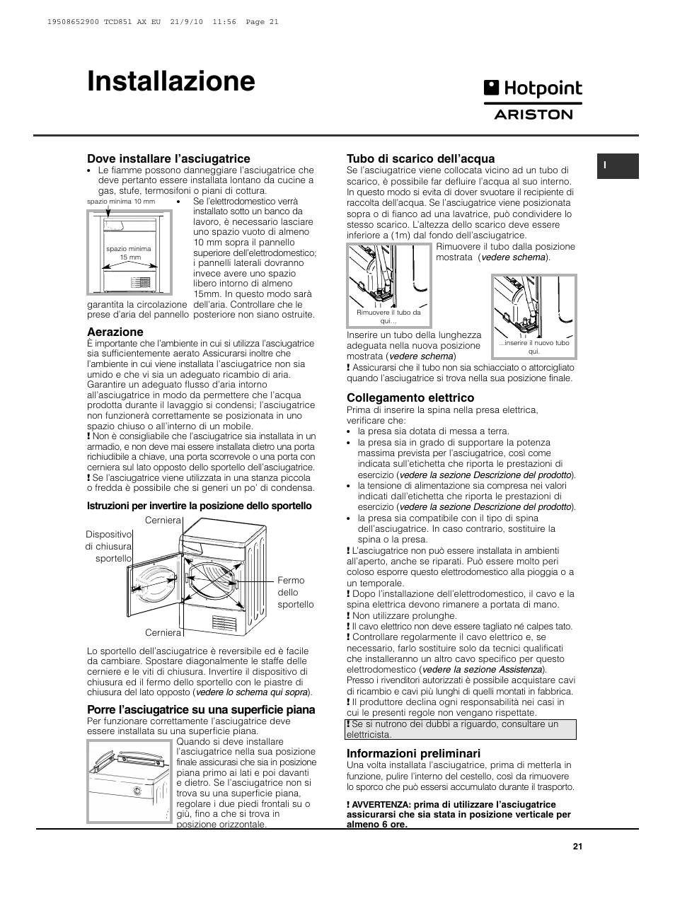 Installazione | Hotpoint Ariston TCD 851 AX User Manual | Page 21 / 88